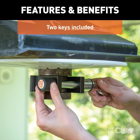 CURT kingpin lock securely attached to a 5th wheel trailer's kingpin