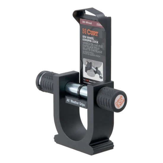 CURT kingpin lock securely attached to a 5th wheel trailer's kingpin