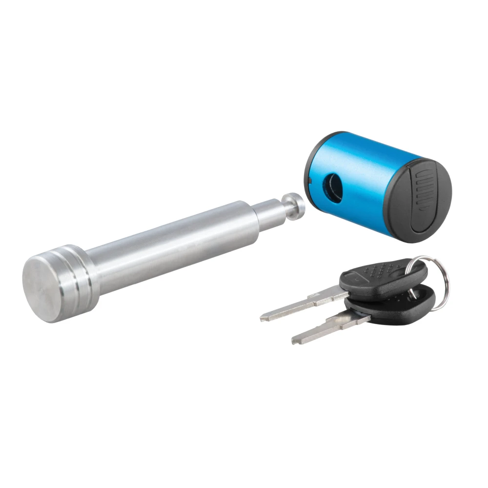 CURT hitch lock with 5/8 pin fits 2 inch receiver, prevents theft with a barbell design and watertight dust cap.