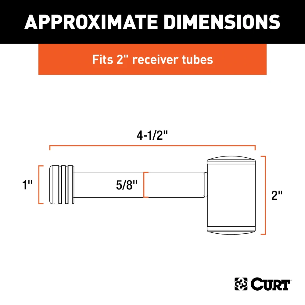 CURT hitch lock with 5/8 pin fits 2 inch receiver, prevents theft with a barbell design and watertight dust cap.