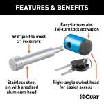 CURT hitch lock with 5/8 pin fits 2 inch receiver, prevents theft with a barbell design and watertight dust cap.