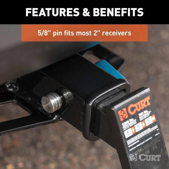 CURT hitch lock with 5/8 pin fits 2 inch receiver, prevents theft with a barbell design and watertight dust cap.