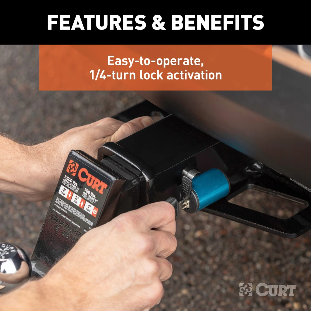 CURT hitch lock with 5/8 pin fits 2 inch receiver, prevents theft with a barbell design and watertight dust cap.