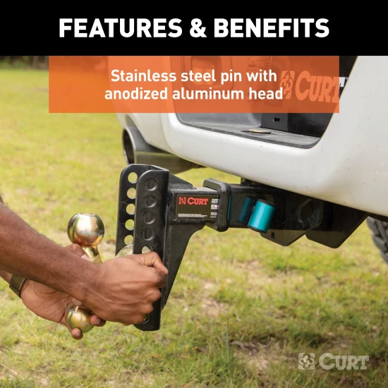 CURT hitch lock with 5/8 pin fits 2 inch receiver, prevents theft with a barbell design and watertight dust cap.
