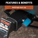 CURT hitch lock with 5/8 pin fits 2 inch receiver, prevents theft with a barbell design and watertight dust cap.