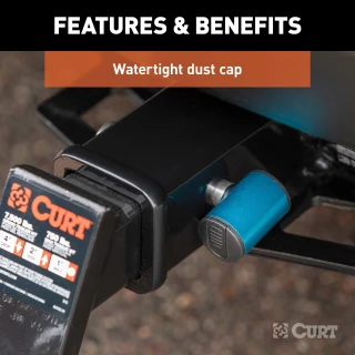 CURT hitch lock with 5/8 pin fits 2 inch receiver, prevents theft with a barbell design and watertight dust cap.