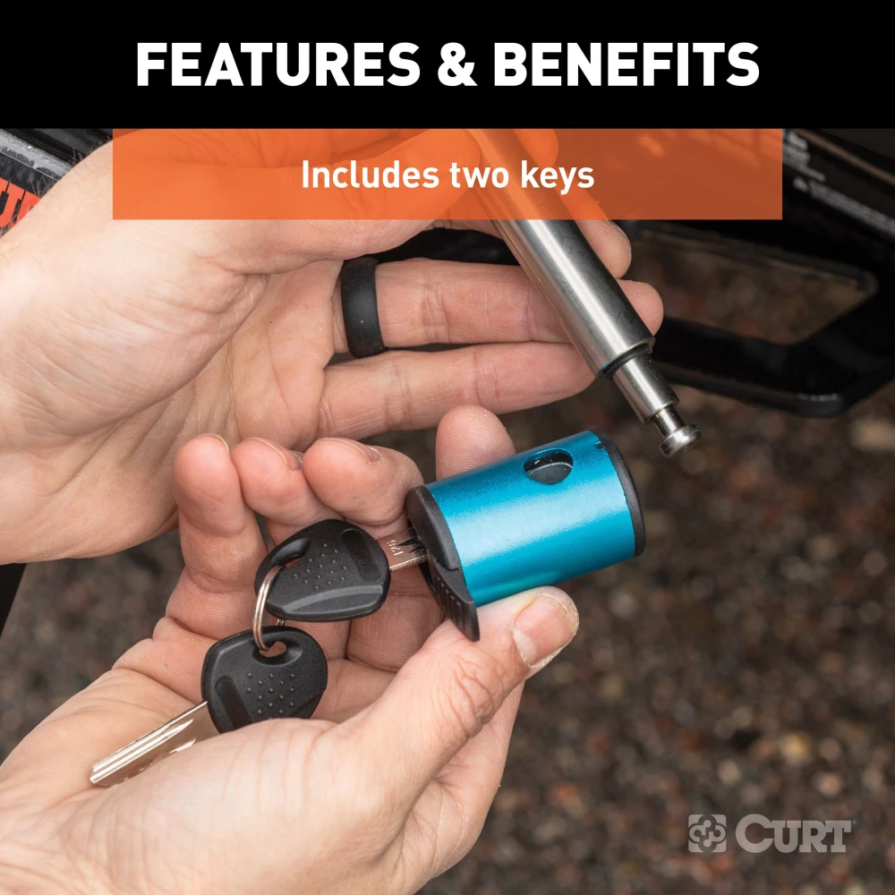 CURT hitch lock with 5/8 pin fits 2 inch receiver, prevents theft with a barbell design and watertight dust cap.