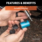 CURT hitch lock with 5/8 pin fits 2 inch receiver, prevents theft with a barbell design and watertight dust cap.