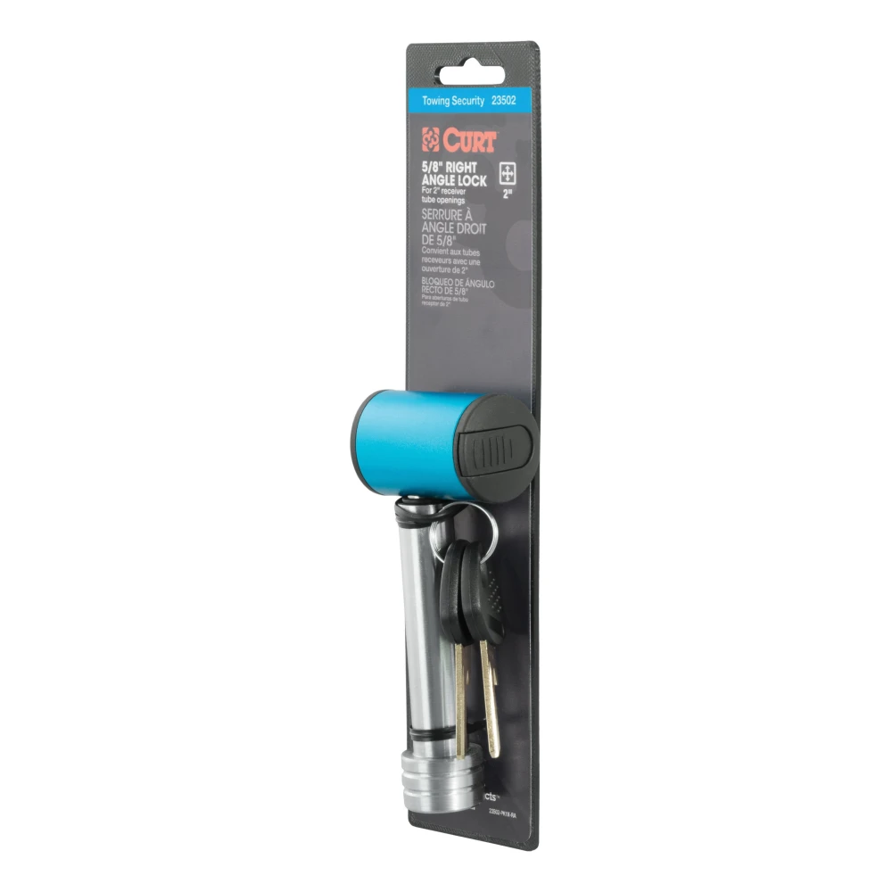 CURT hitch lock with 5/8 pin fits 2 inch receiver, prevents theft with a barbell design and watertight dust cap.