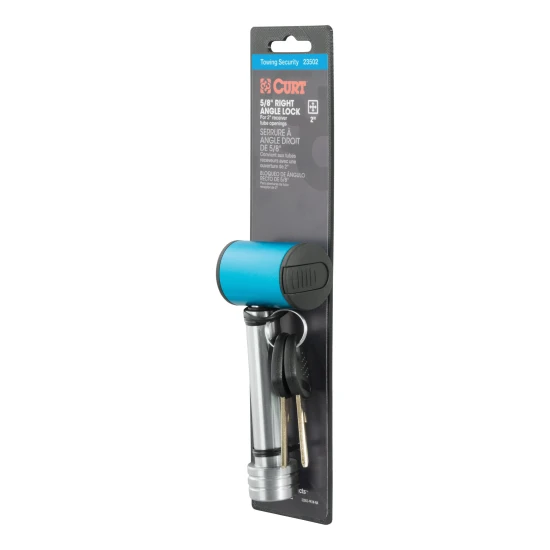 CURT hitch lock with 5/8 pin fits 2 inch receiver, prevents theft with a barbell design and watertight dust cap.