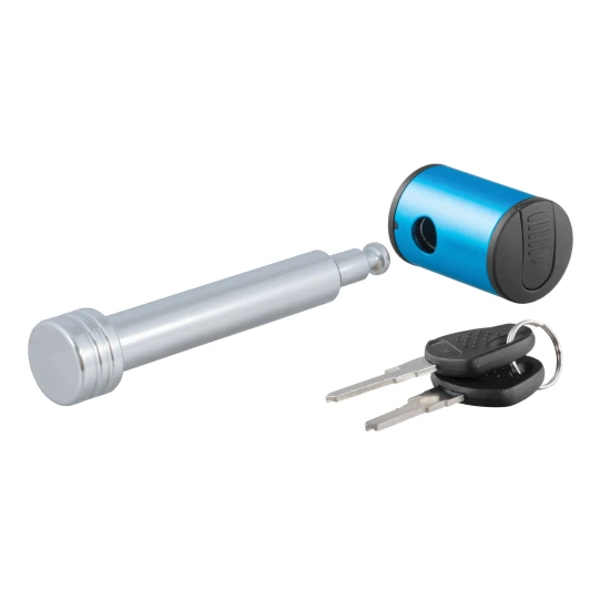 CURT hitch lock with 5/8 inch pin, right angle barbell design for secure trailer attachment