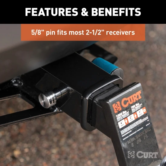 CURT hitch lock with 5/8 inch pin, right angle barbell design for secure trailer attachment