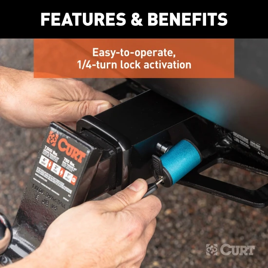 CURT hitch lock with 5/8 inch pin, right angle barbell design for secure trailer attachment