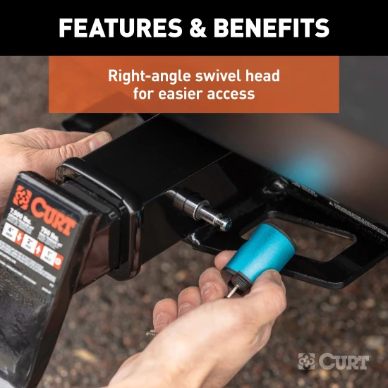 CURT hitch lock with 5/8 inch pin, right angle barbell design for secure trailer attachment