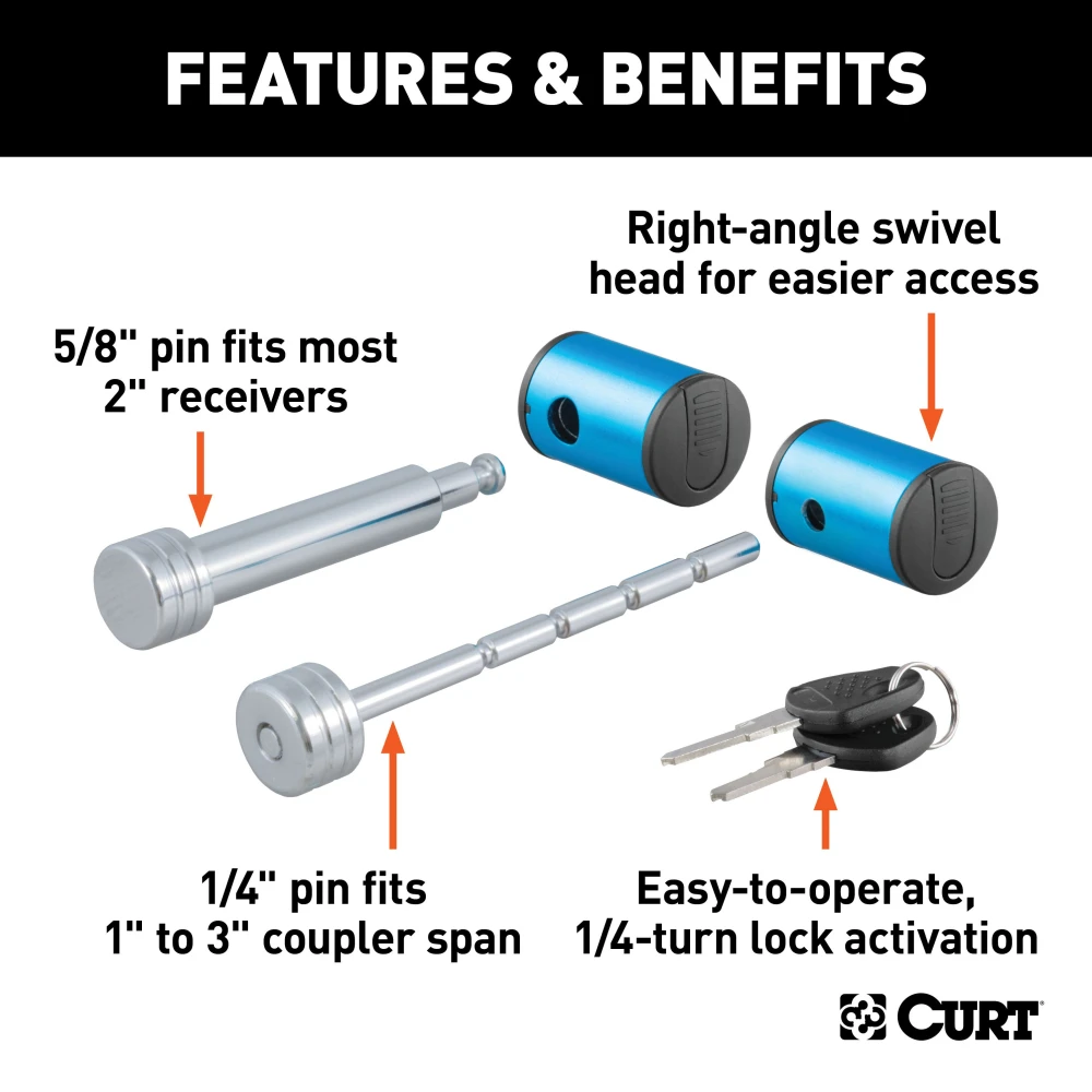 CURT hitch and coupler lock combo pack for trailer security with chrome finish