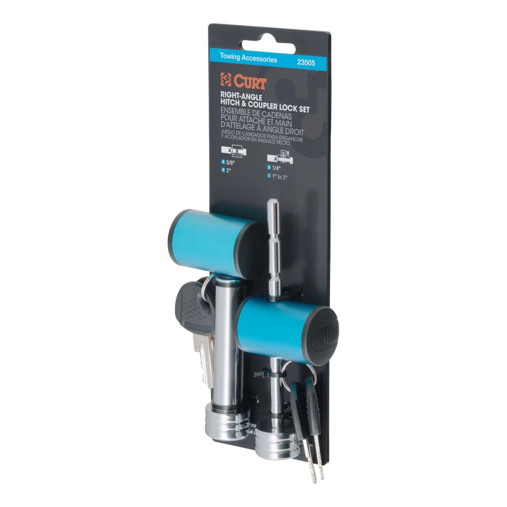CURT hitch and coupler lock combo pack for trailer security with chrome finish