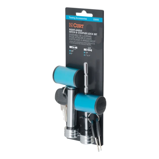 CURT hitch and coupler lock combo pack for trailer security with chrome finish