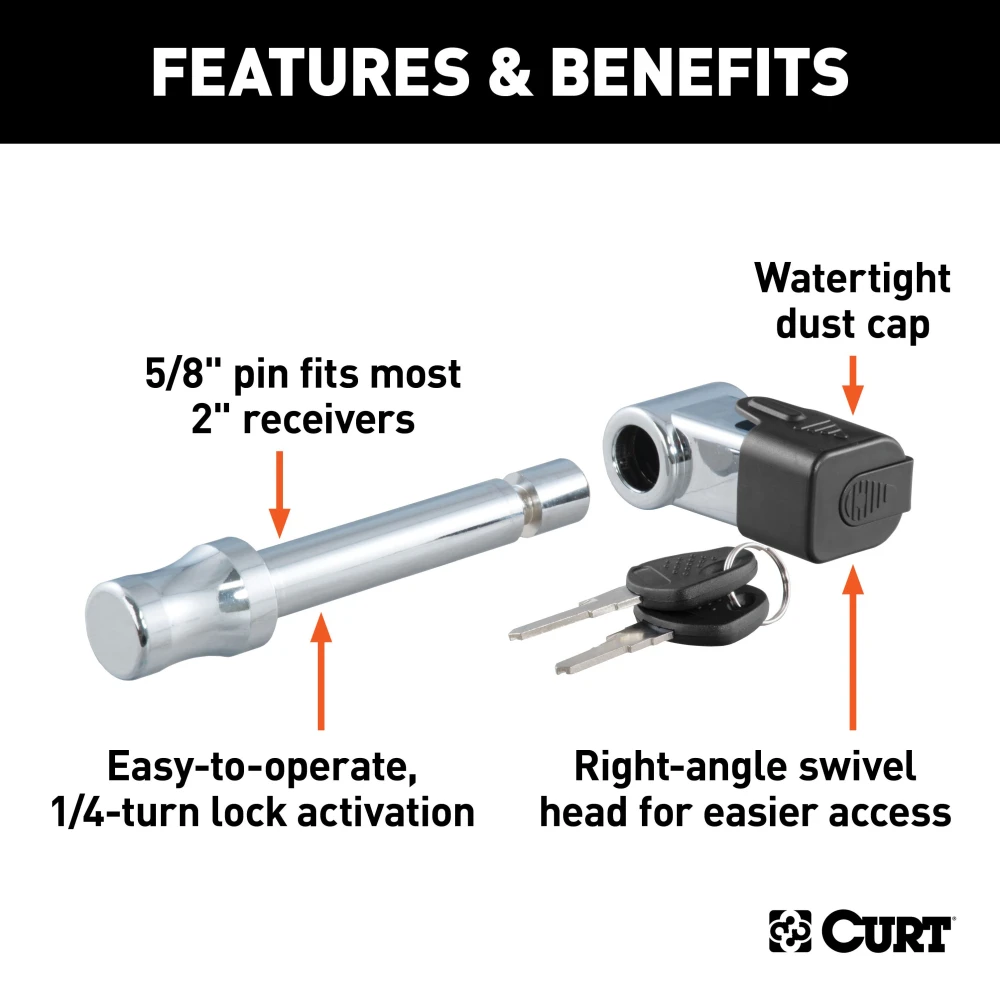 CURT hitch lock with barbell design, fits 2 inch receiver tubes, includes dust cap