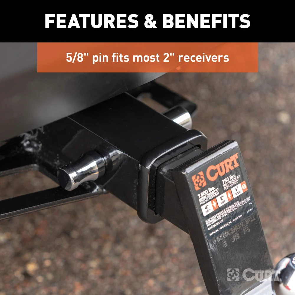 CURT hitch lock with barbell design, fits 2 inch receiver tubes, includes dust cap
