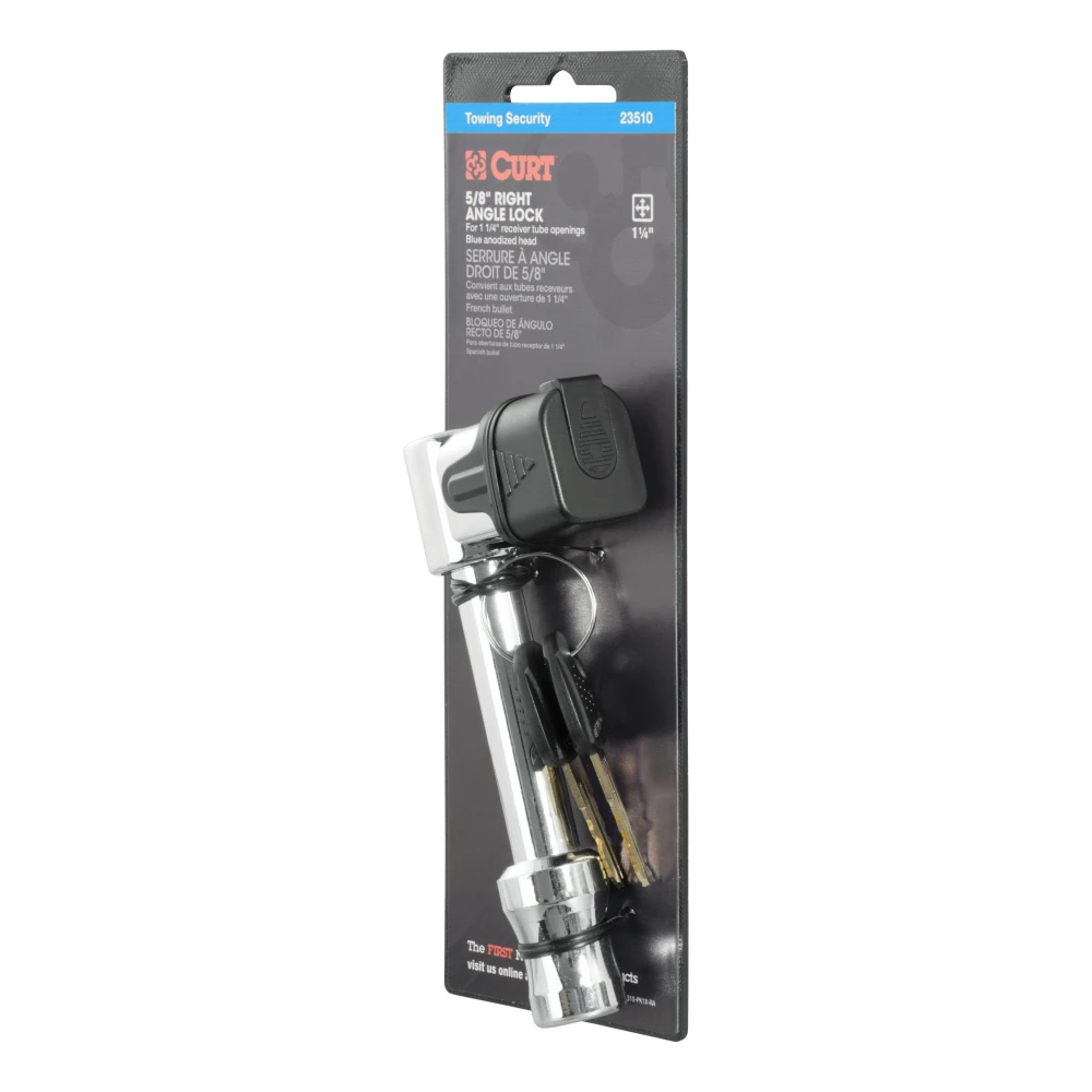 CURT hitch lock with barbell design, fits 2 inch receiver tubes, includes dust cap