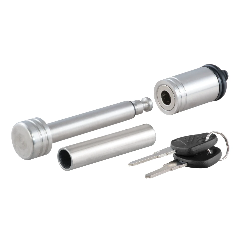 CURT hitch lock with stainless steel finish, 1/2 inch pin and 5/8 inch adapter for receiver tubes