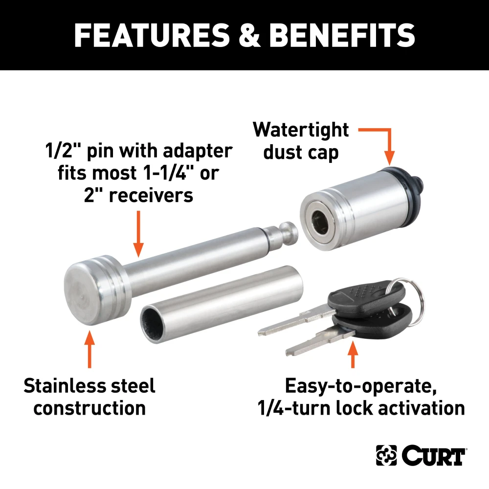 CURT hitch lock with stainless steel finish, 1/2 inch pin and 5/8 inch adapter for receiver tubes