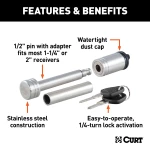 CURT hitch lock with stainless steel finish, 1/2 inch pin and 5/8 inch adapter for receiver tubes