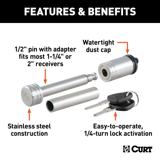 CURT hitch lock with stainless steel finish, 1/2 inch pin and 5/8 inch adapter for receiver tubes