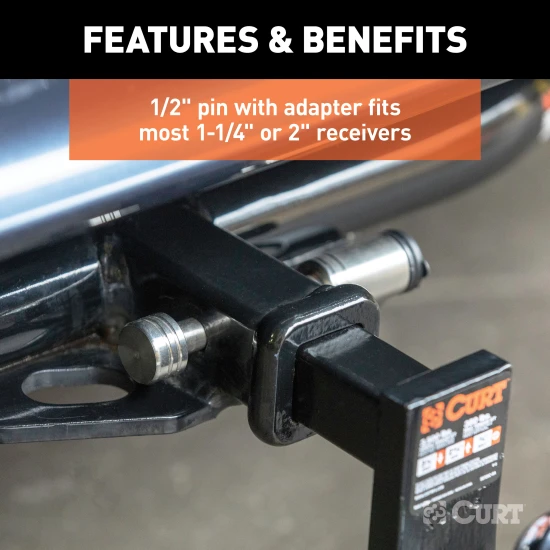 CURT hitch lock with stainless steel finish, 1/2 inch pin and 5/8 inch adapter for receiver tubes