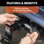 CURT hitch lock with stainless steel finish, 1/2 inch pin and 5/8 inch adapter for receiver tubes