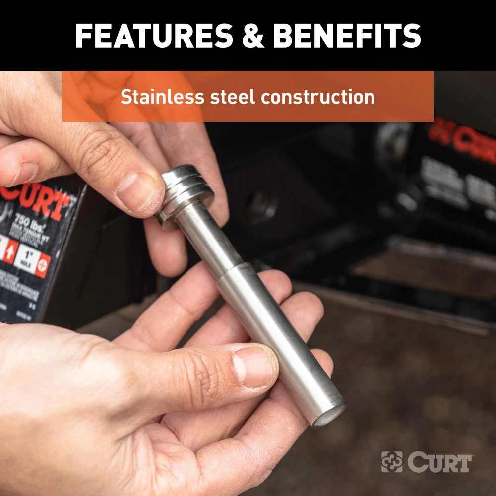 CURT hitch lock with stainless steel finish, 1/2 inch pin and 5/8 inch adapter for receiver tubes
