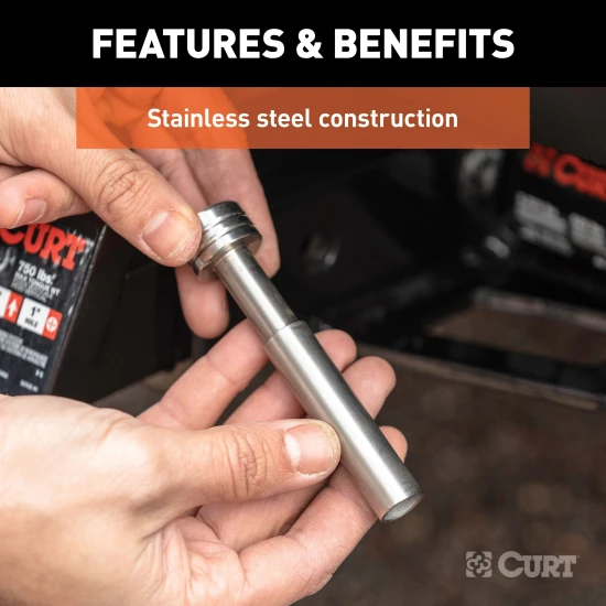 CURT hitch lock with stainless steel finish, 1/2 inch pin and 5/8 inch adapter for receiver tubes