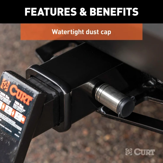 CURT hitch lock with stainless steel finish, 1/2 inch pin and 5/8 inch adapter for receiver tubes