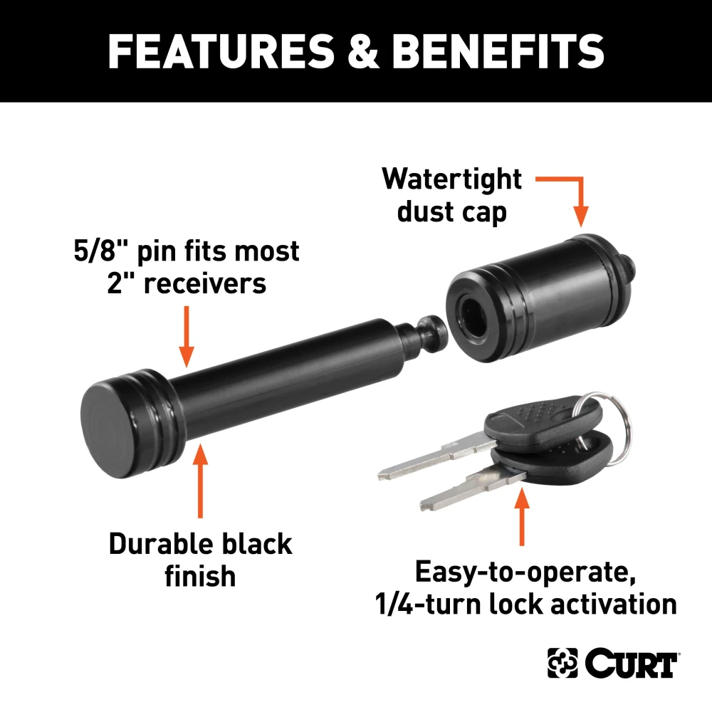 CURT hitch lock with barbell design and 5/8 inch pin for 2 inch receiver tube
