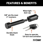 CURT hitch lock with barbell design and 5/8 inch pin for 2 inch receiver tube