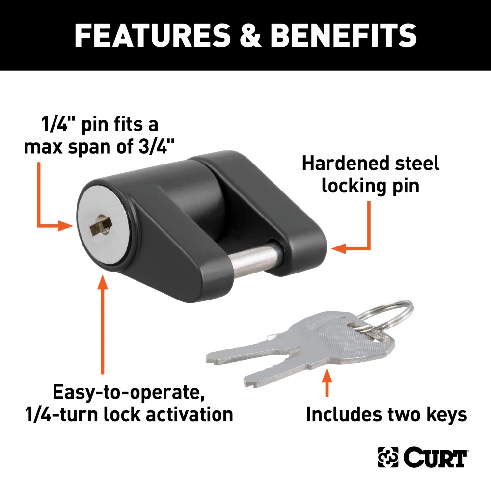 CURT coupler lock featuring a black finish and keyed latch mechanism for secure trailer attachment