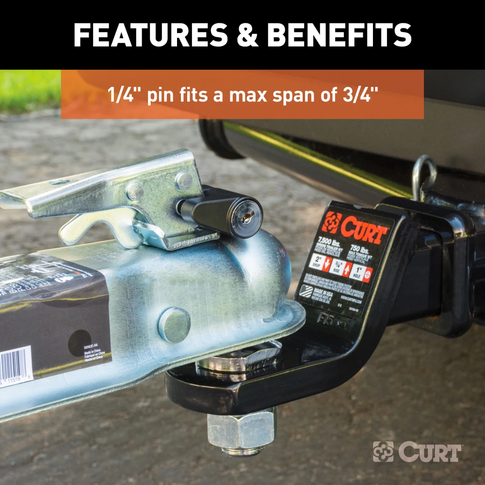 CURT coupler lock featuring a black finish and keyed latch mechanism for secure trailer attachment