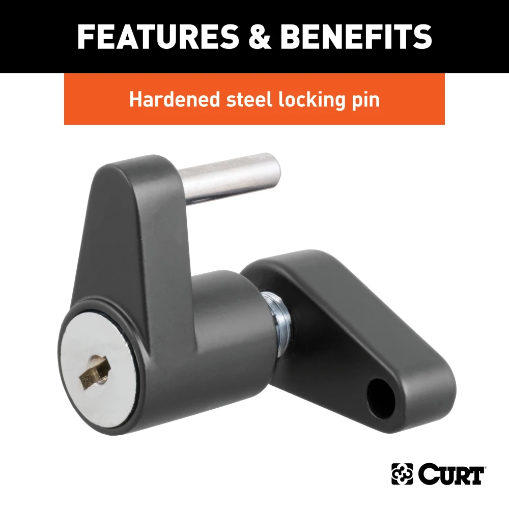 CURT coupler lock featuring a black finish and keyed latch mechanism for secure trailer attachment