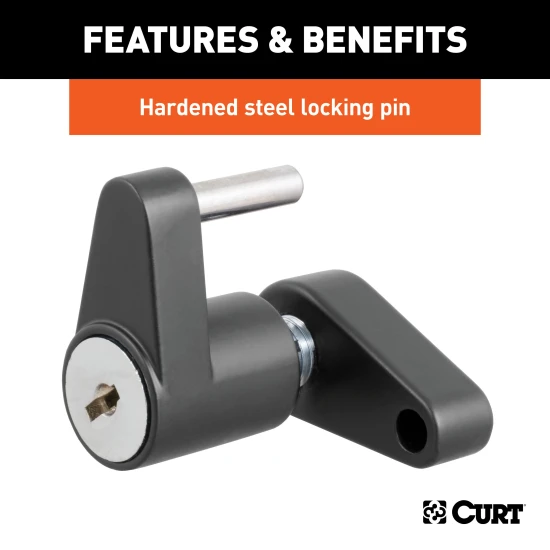 CURT coupler lock featuring a black finish and keyed latch mechanism for secure trailer attachment