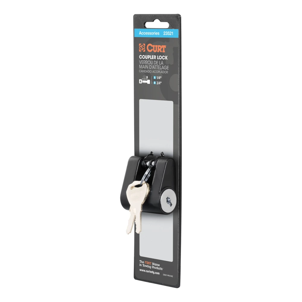 CURT coupler lock featuring a black finish and keyed latch mechanism for secure trailer attachment