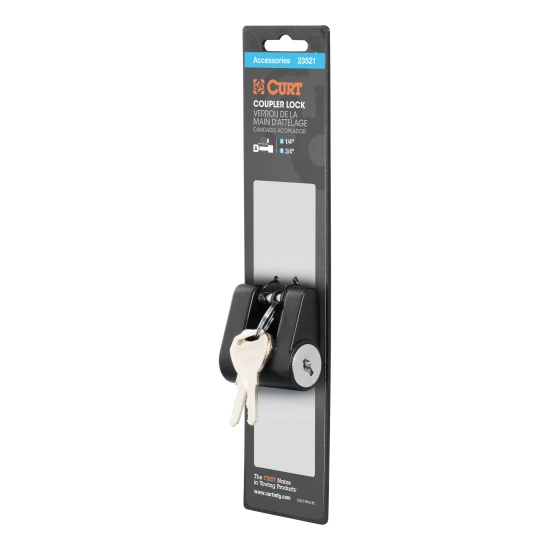 CURT coupler lock featuring a black finish and keyed latch mechanism for secure trailer attachment