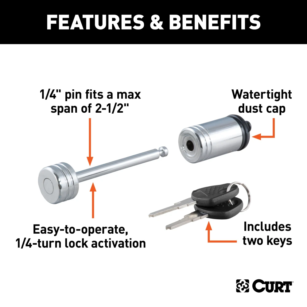 CURT coupler lock with chrome finish and key operation for trailer security