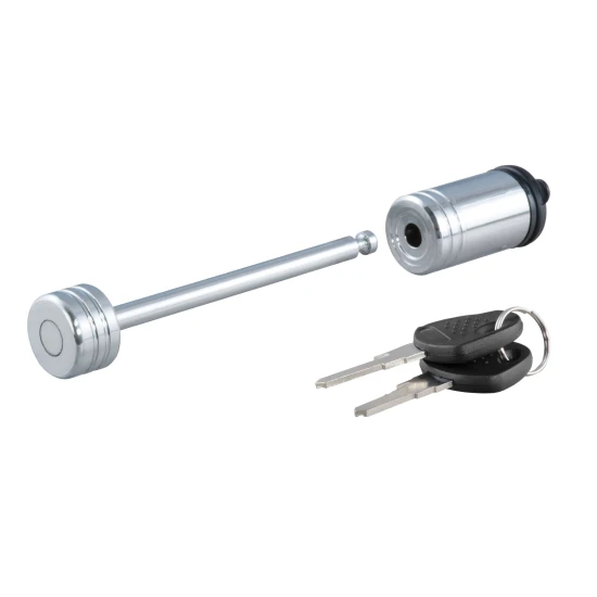 CURT coupler lock with chrome finish and barbell design, fits 3-3/8 inch span latch-type couplers.