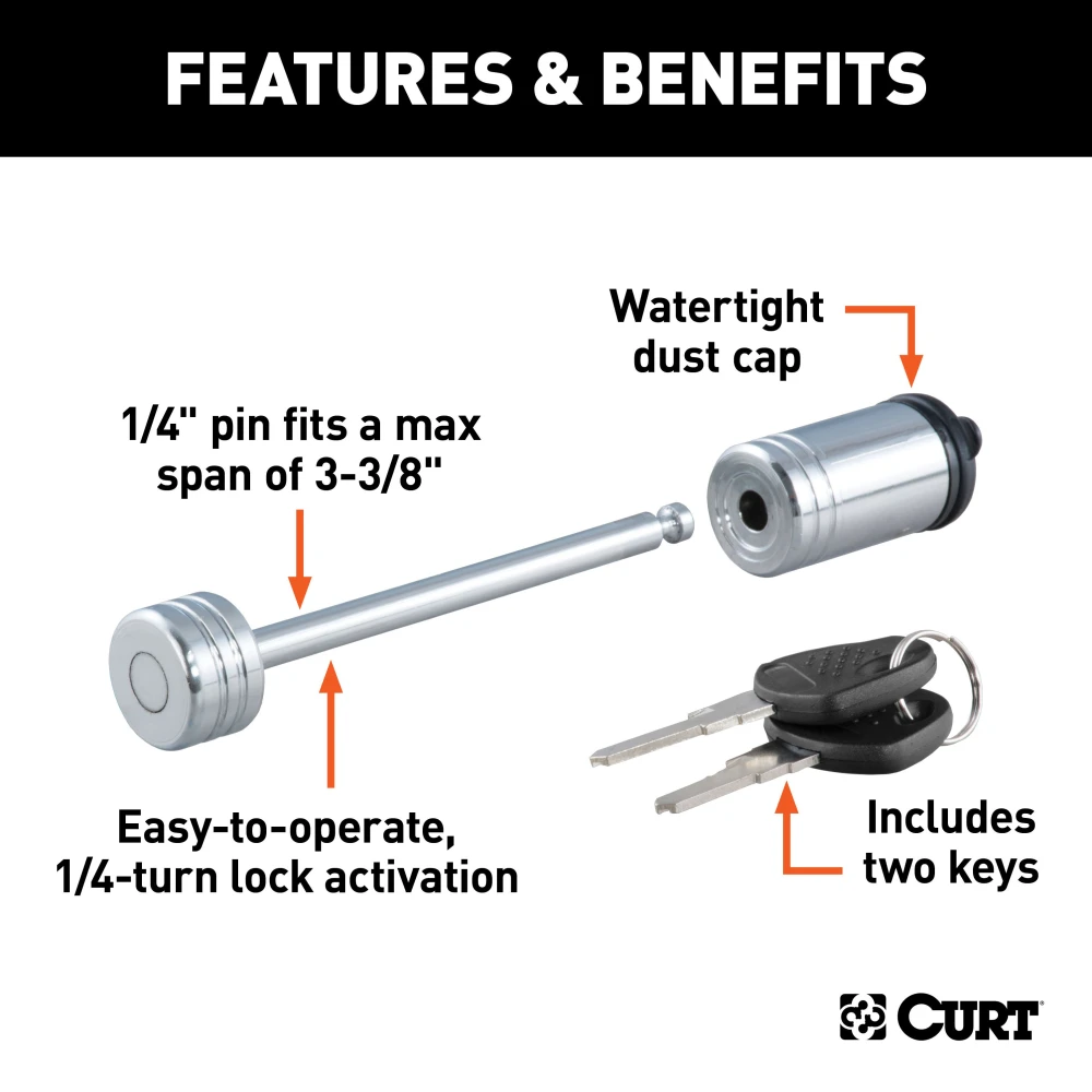 CURT coupler lock with chrome finish and barbell design, fits 3-3/8 inch span latch-type couplers.