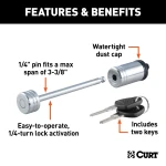 CURT coupler lock with chrome finish and barbell design, fits 3-3/8 inch span latch-type couplers.