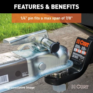 CURT coupler lock with chrome finish and barbell design, fits 3-3/8 inch span latch-type couplers.