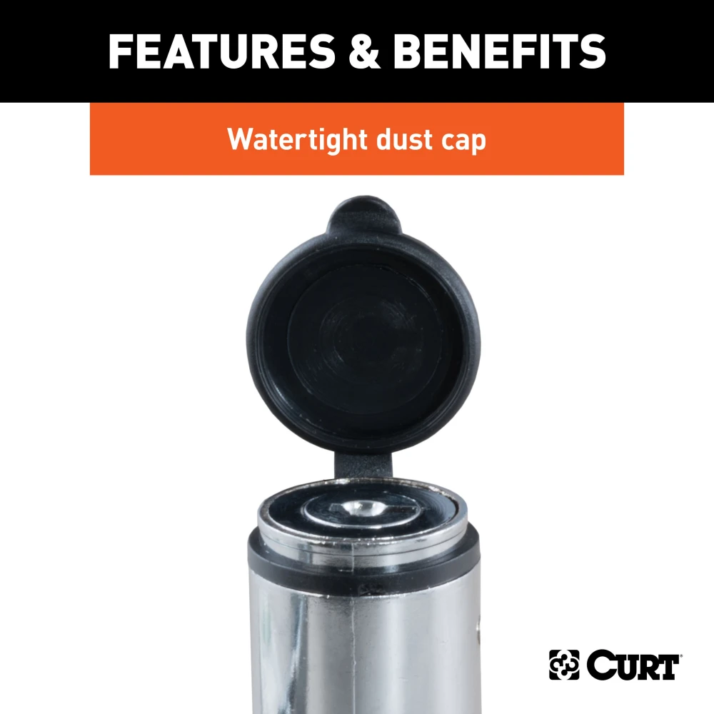 CURT coupler lock with chrome finish and barbell design, fits 3-3/8 inch span latch-type couplers.