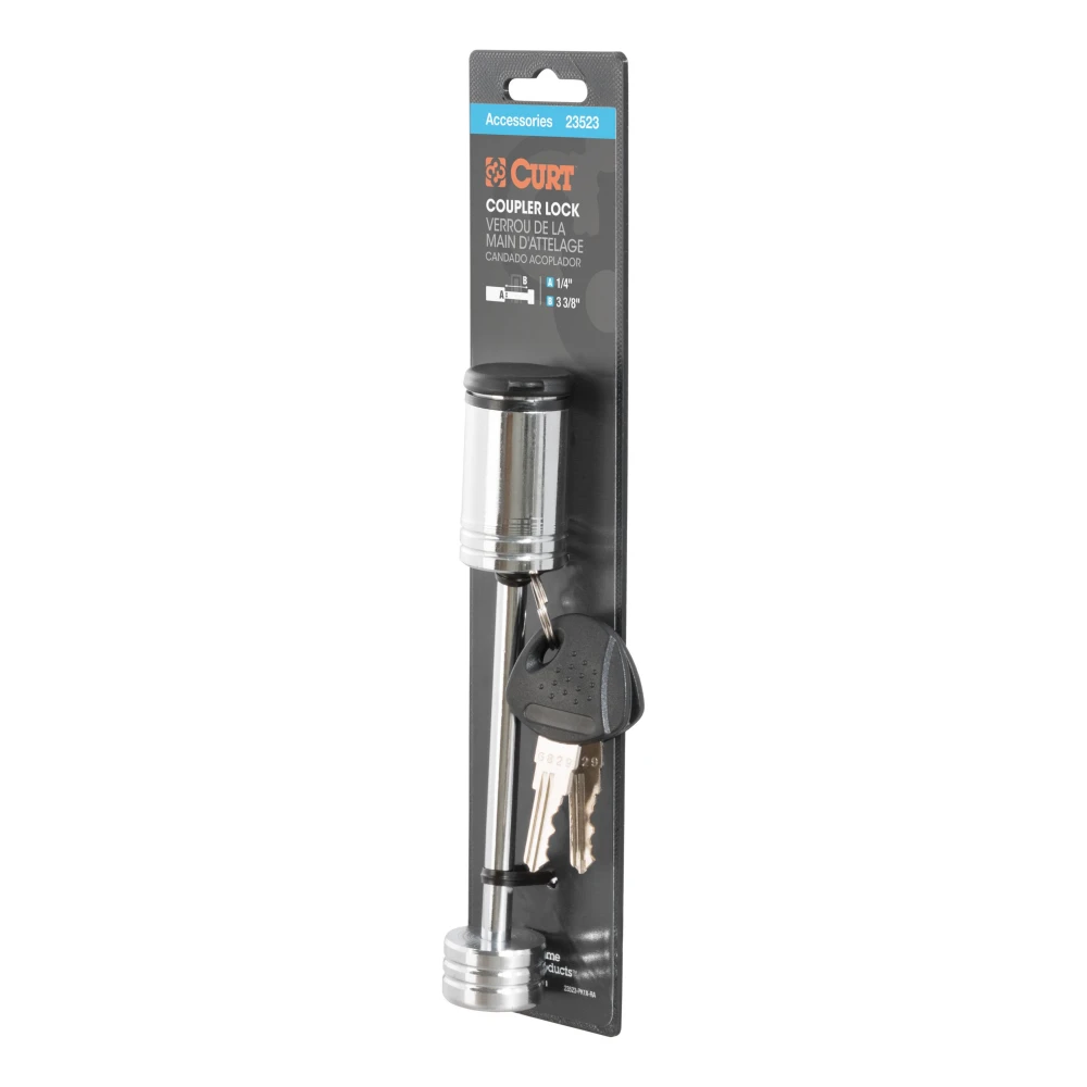 CURT coupler lock with chrome finish and barbell design, fits 3-3/8 inch span latch-type couplers.