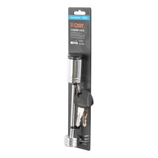 CURT coupler lock with chrome finish and barbell design, fits 3-3/8 inch span latch-type couplers.