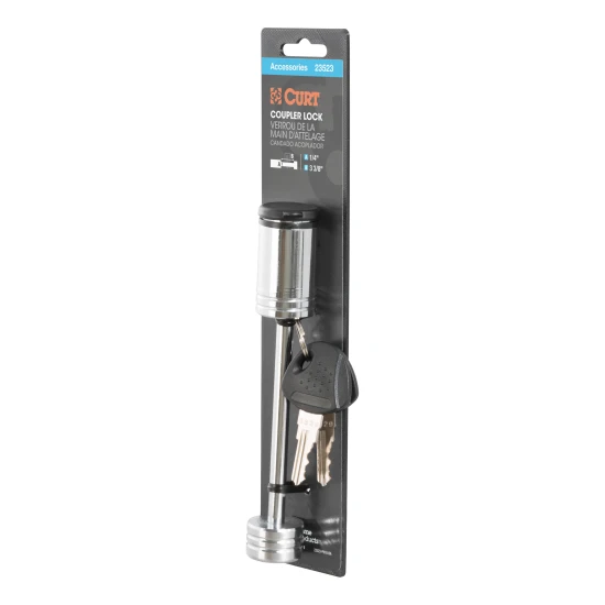 CURT coupler lock with chrome finish and barbell design, fits 3-3/8 inch span latch-type couplers.